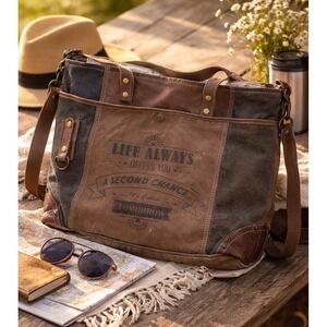 MYRA "Life Always" Canvas Large Shoulder Weekender Bag Utility Tote Graphic